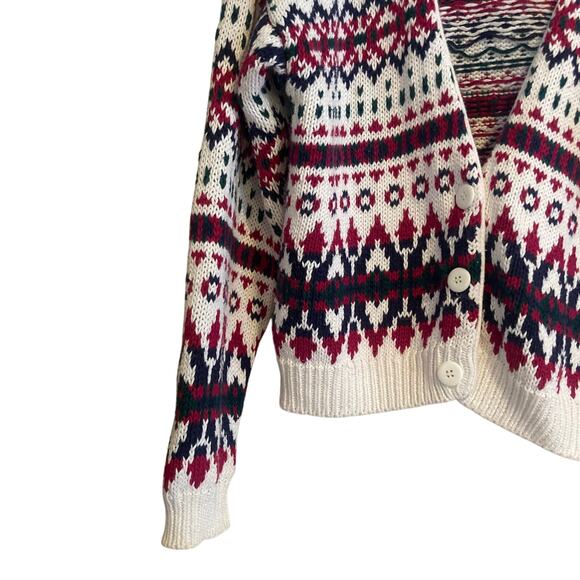 Vintage White Maroon Fair Isle Cardigan Womens Sz Large 80s Cottage Christmas - Picture 10 of 16